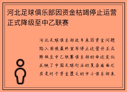 河北足球俱乐部因资金枯竭停止运营正式降级至中乙联赛 河北足球俱乐部因资金枯竭停止运营正式降级至中乙联赛
