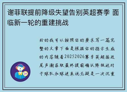 谢菲联提前降级失望告别英超赛季 面临新一轮的重建挑战